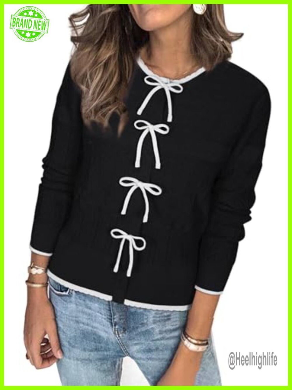 Women's Bow Cardigan Sweater Color Block Button Long Sleeve Crew Neck Casual